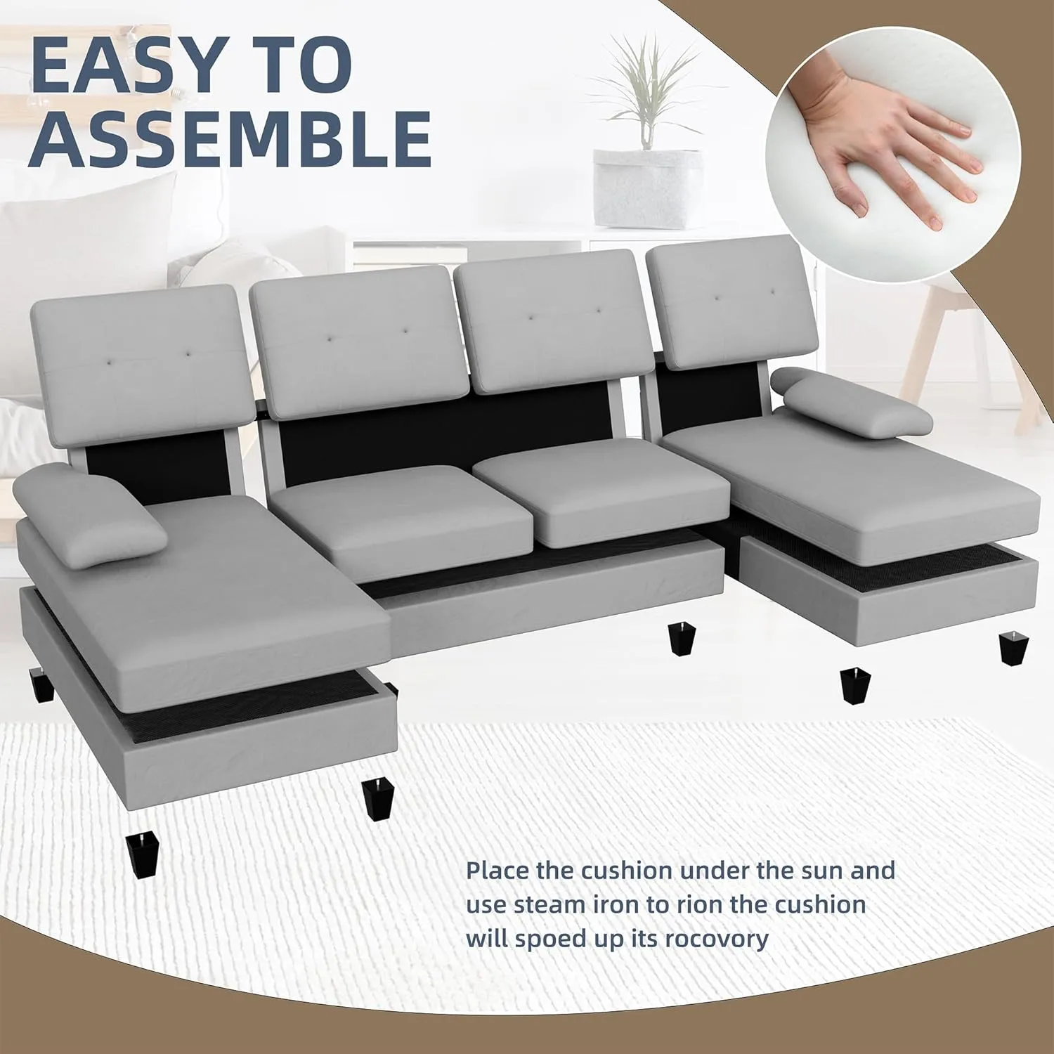 Walsunny Sectional Couches for Living Room, Convertible U-Shaped Sofa Couch with Double Chaise, 4 Seat Sofa Set Modular Sectional Sofa for Living Room, Apartment, Bedroom, Light Gray