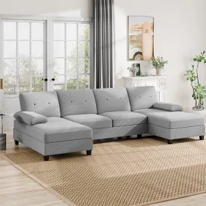Walsunny Sectional Couches for Living Room, Convertible U-Shaped Sofa Couch with Double Chaise, 4 Seat Sofa Set Modular Sectional Sofa for Living Room, Apartment, Bedroom, Light Gray
