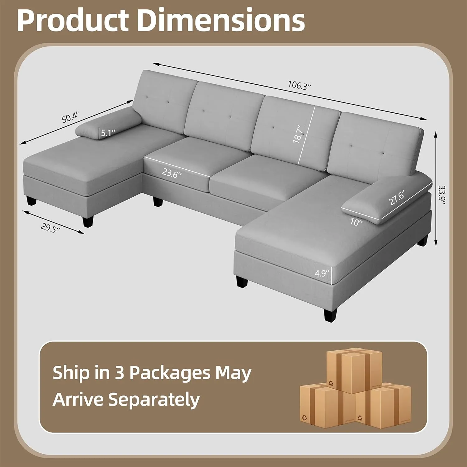 Walsunny Sectional Couches for Living Room, Convertible U-Shaped Sofa Couch with Double Chaise, 4 Seat Sofa Set Modular Sectional Sofa for Living Room, Apartment, Bedroom, Light Gray