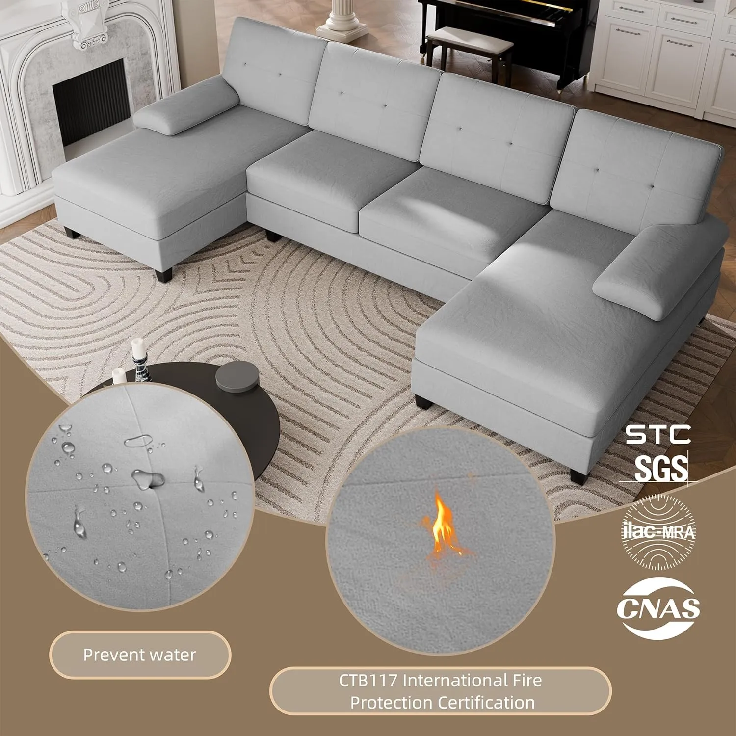 Walsunny Sectional Couches for Living Room, Convertible U-Shaped Sofa Couch with Double Chaise, 4 Seat Sofa Set Modular Sectional Sofa for Living Room, Apartment, Bedroom, Light Gray
