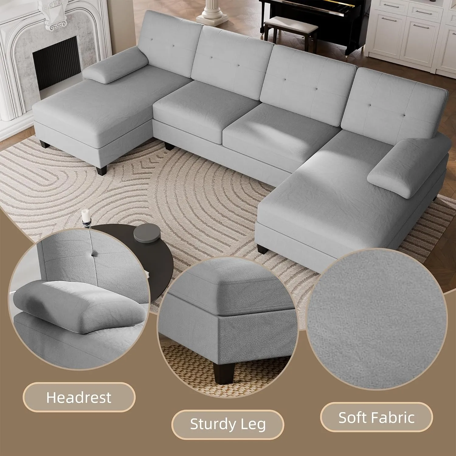 Walsunny Sectional Couches for Living Room, Convertible U-Shaped Sofa Couch with Double Chaise, 4 Seat Sofa Set Modular Sectional Sofa for Living Room, Apartment, Bedroom, Light Gray