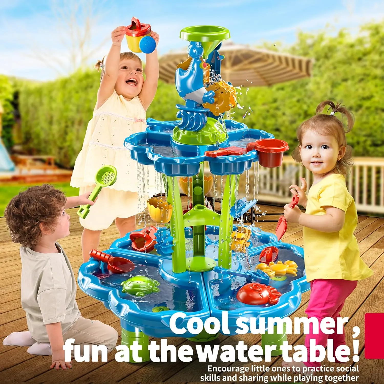 Water Table for Toddlers 3-5 4-8, 2-Tier 3 in 1 Kids Sand and Water Table, Summer Outdoor Beach Outside Backyard Activity Sensory Water and Sand Tables, Birthday Party Gift for Kids Boys and Girls