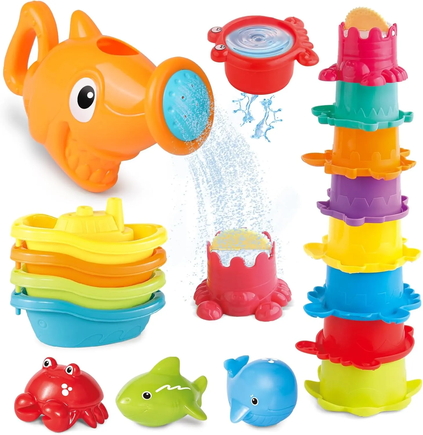Water Table Toys for Toddlers 1-3, 16PCS Bath Toys for Babies 6-12 Months wtih Floating Boats, Stacking Cups, Shark Water Can & Marine Animal Silicone Toys, Pool Beach Toys Idea Gift for Boys Girls