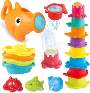 Water Table Toys for Toddlers 1-3, 16PCS Bath Toys for Babies 6-12 Months wtih Floating Boats, Stacking Cups, Shark Water Can & Marine Animal Silicone Toys, Pool Beach Toys Idea Gift for Boys Girls