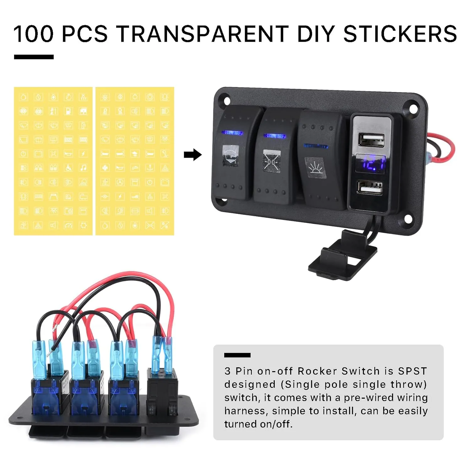 Waterproof Toggle Switch Panel 3 Gang Aluminum Rocker Switch Panel 12V/24V On-Off 3 Pin Switch Panel with USB Charger for Marine Boat Automotive Car RV Truck Jeeps UTV Vehicles