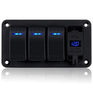 Waterproof Toggle Switch Panel 3 Gang Aluminum Rocker Switch Panel 12V/24V On-Off 3 Pin Switch Panel with USB Charger for Marine Boat Automotive Car RV Truck Jeeps UTV Vehicles
