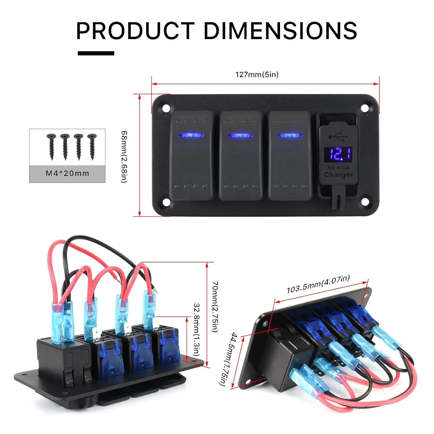 Waterproof Toggle Switch Panel 3 Gang Aluminum Rocker Switch Panel 12V/24V On-Off 3 Pin Switch Panel with USB Charger for Marine Boat Automotive Car RV Truck Jeeps UTV Vehicles