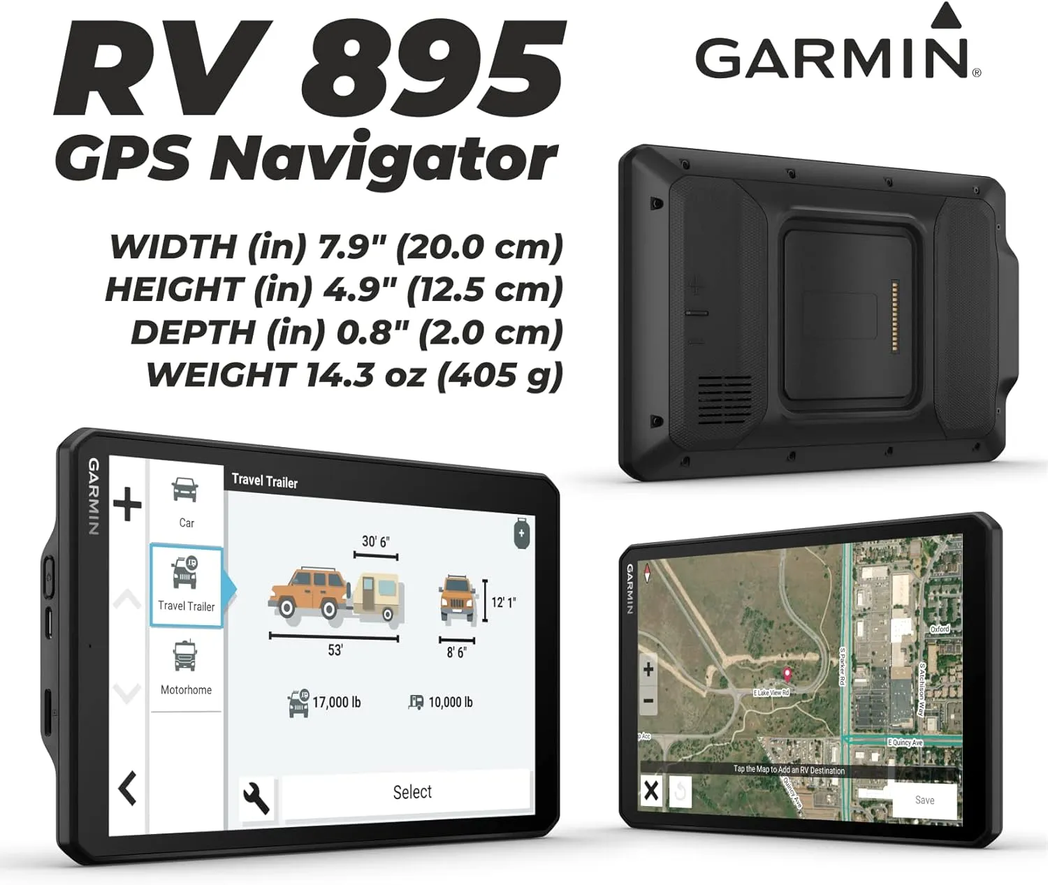 Wearable4U - Garmin RV 895 GPS Navigator, Large, Easy-to-Read 8, Custom RV Routing, High-Resolution Birdseye Satellite Imagery with Power Pack Bundle