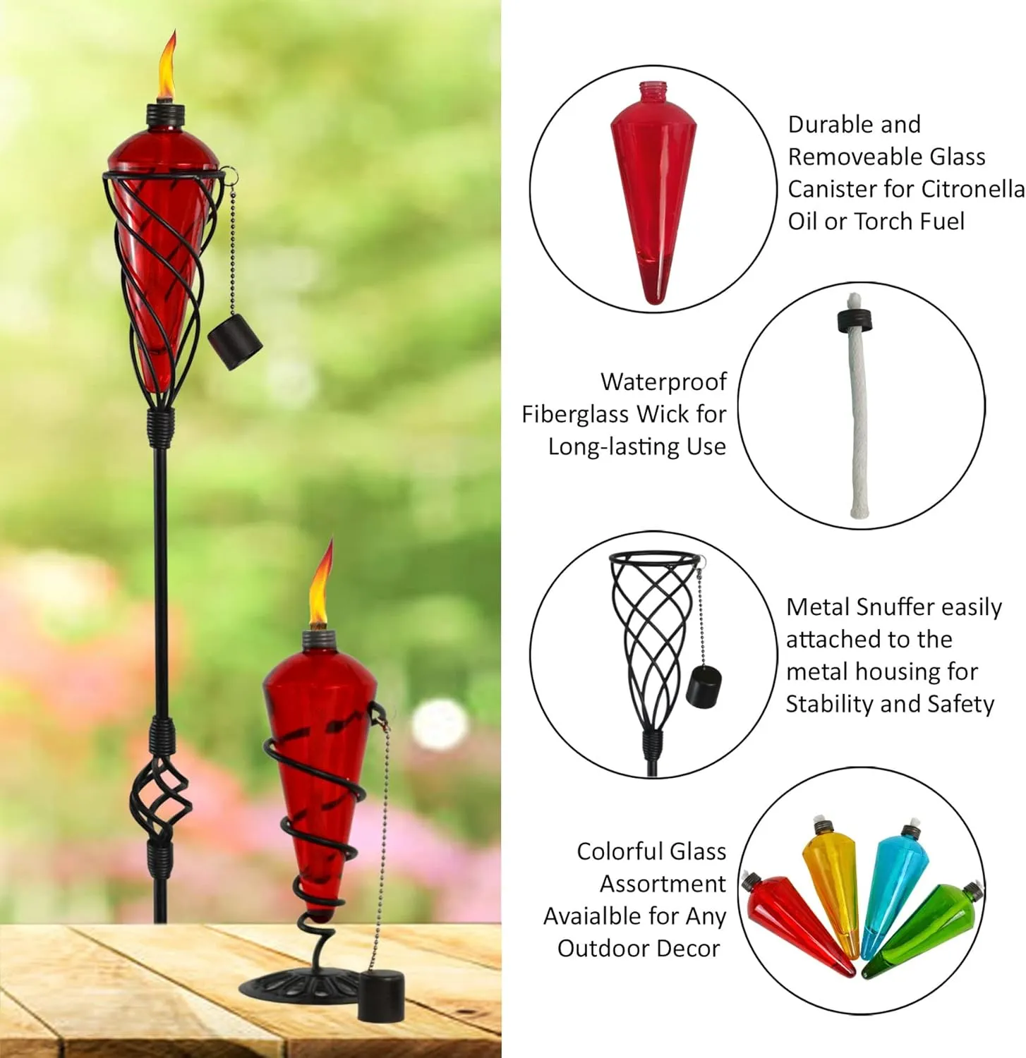 Westcharm 8" Replacement Garden Torch Glass Canister with Fiberglass Wick and Metal Snuffer ONLY - Red