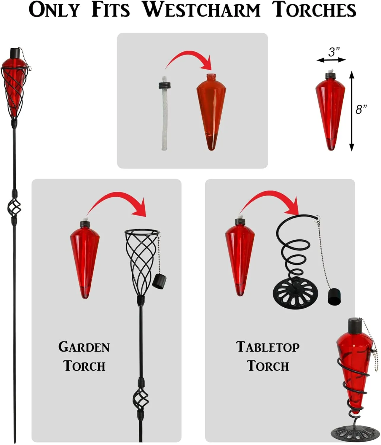 Westcharm 8" Replacement Garden Torch Glass Canister with Fiberglass Wick and Metal Snuffer ONLY - Red