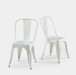 White Metal Dining Chairs Set of 2 Iron Stackable Industrial Tolix Style Outdoor Farmhouse Kitchen Cafe Arctic White Color