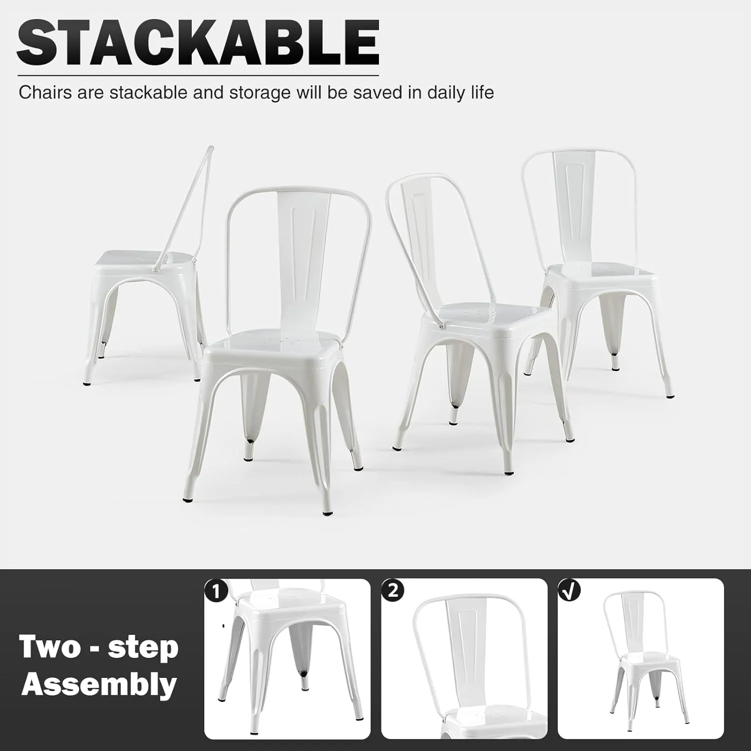 White Metal Dining Chairs Set of 2 Iron Stackable Industrial Tolix Style Outdoor Farmhouse Kitchen Cafe Arctic White Color