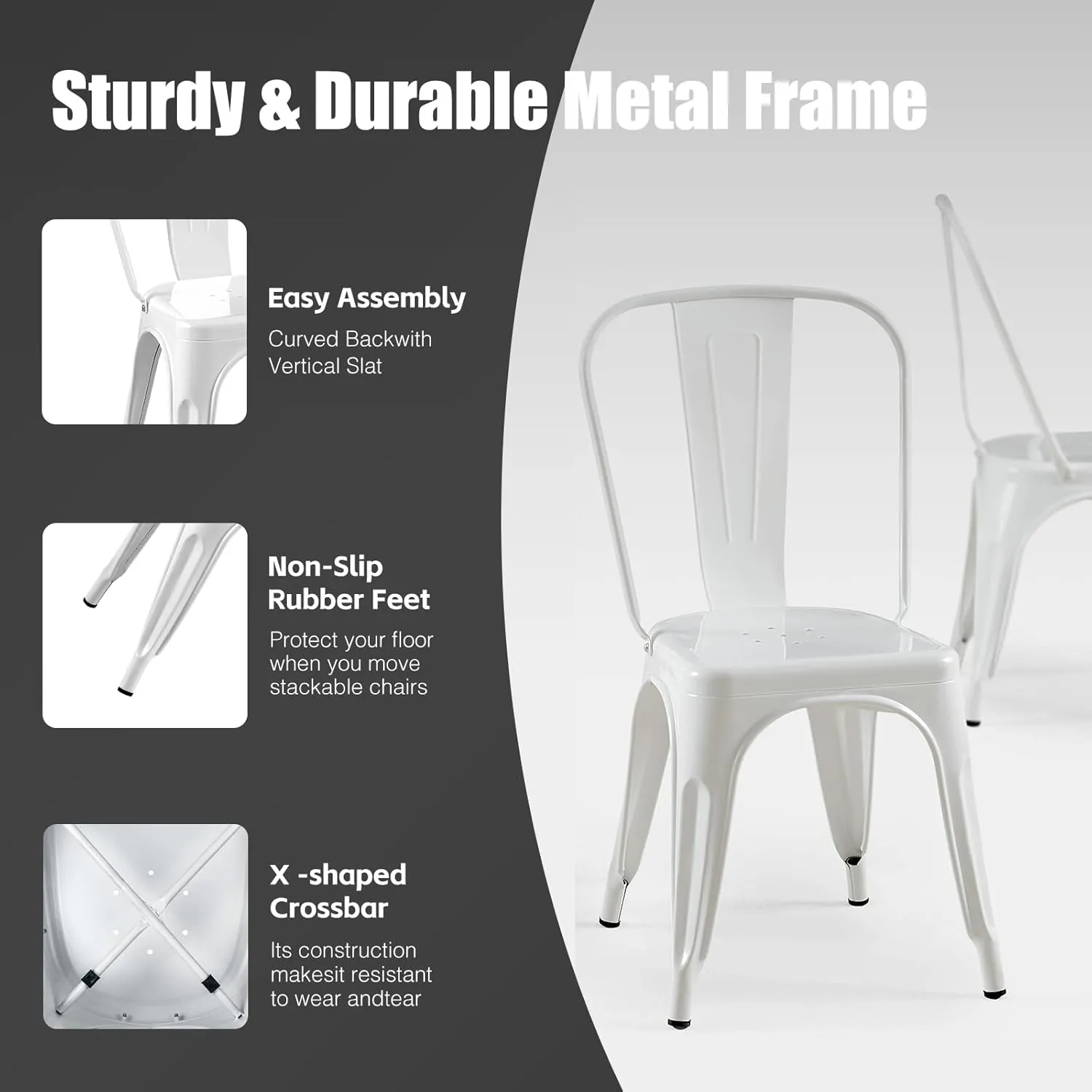 White Metal Dining Chairs Set of 2 Iron Stackable Industrial Tolix Style Outdoor Farmhouse Kitchen Cafe Arctic White Color