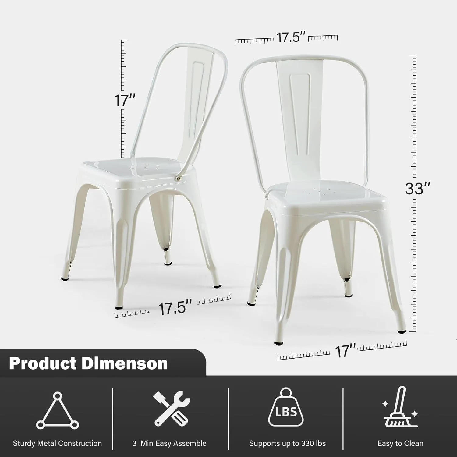 White Metal Dining Chairs Set of 2 Iron Stackable Industrial Tolix Style Outdoor Farmhouse Kitchen Cafe Arctic White Color