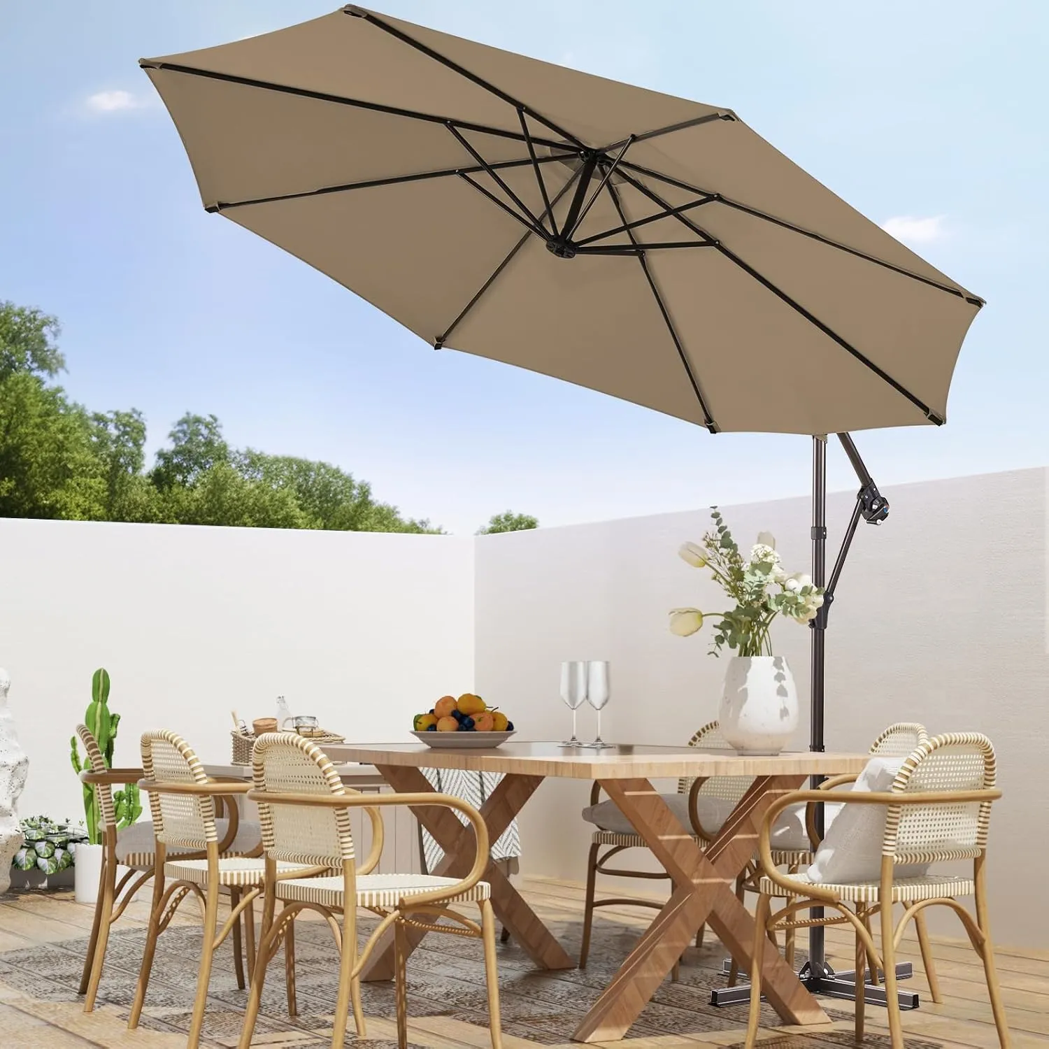 wikiwiki 10ft Patio Umbrellas Offset Outdoor Umbrella Cantilever Hanging Umbrellas w/Infinite Tilt, Fade Resistant Waterproof RECYCLED FABRIC Canopy & Cross Base, for Yard, Garden & Deck, Tan
