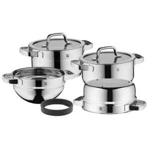 Wmf Compact Cuisine Stainless Steel Cookware Set Stackable – 4 Piece (1 Low and 1 High Casserole, 1x Steaming Insert, 1x Mixing Bowl )