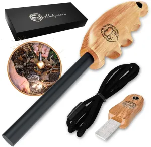 Wood Handle Fire Starter Ferro Rod Gift Set W/Finger Grip Survival Bushcraft Gear