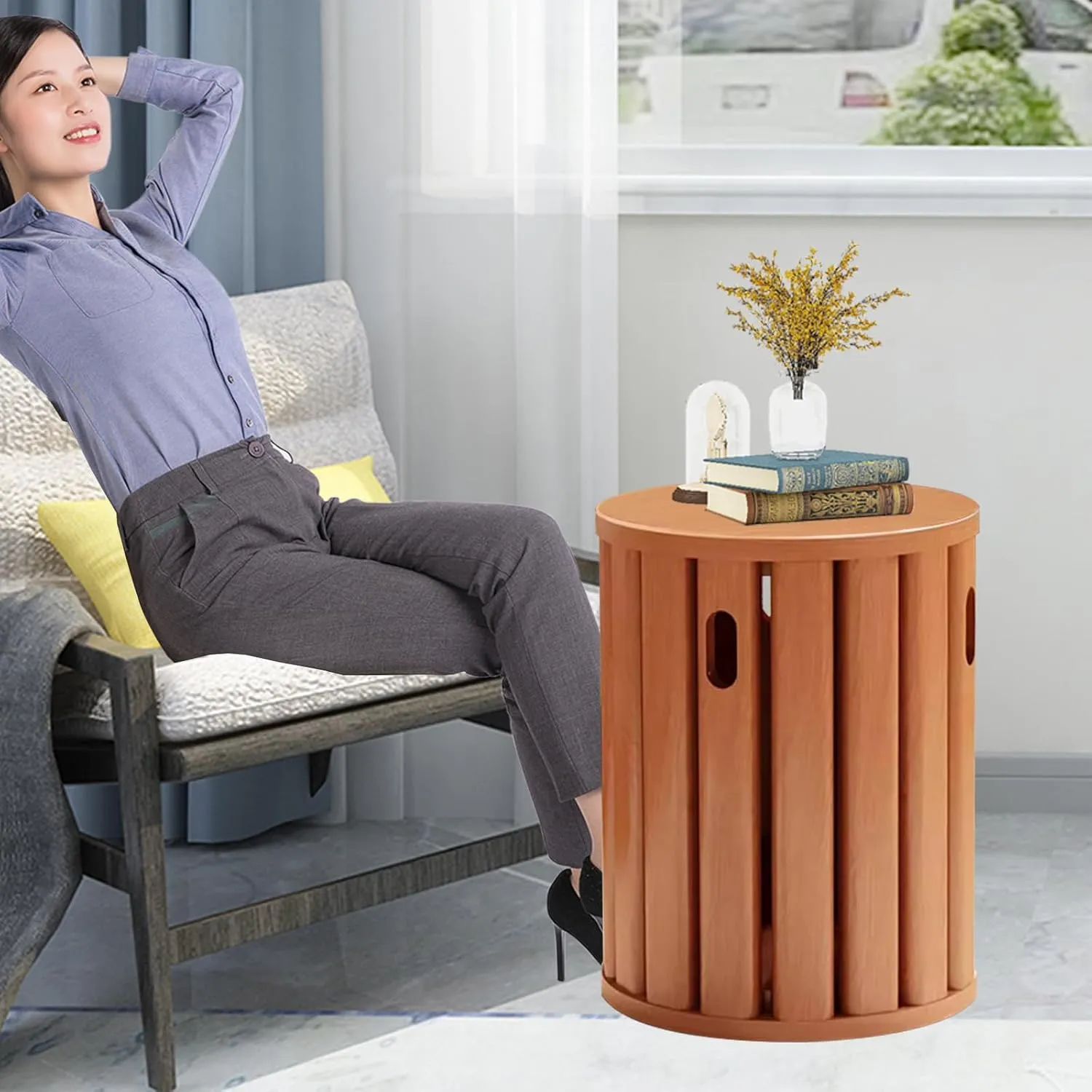Wood Stackable Stools, Bar Stools Set of 4 with Anti-slip Pads, Nesting Side Table Coffee Table with Lift Holes for Kitchen Bedroom Home, No Assembly, Hold 220lbs (Cherry Wood Color, 14.2x14.2x18.5in)
