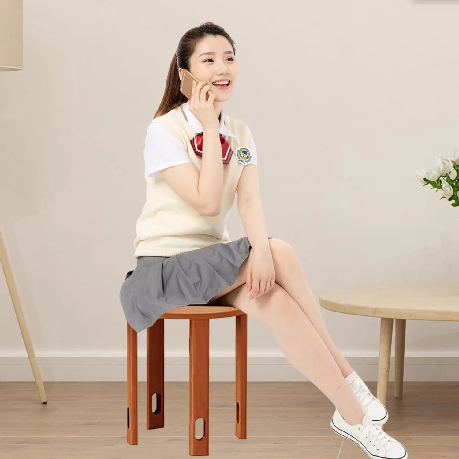 Wood Stackable Stools, Bar Stools Set of 4 with Anti-slip Pads, Nesting Side Table Coffee Table with Lift Holes for Kitchen Bedroom Home, No Assembly, Hold 220lbs (Cherry Wood Color, 14.2x14.2x18.5in)