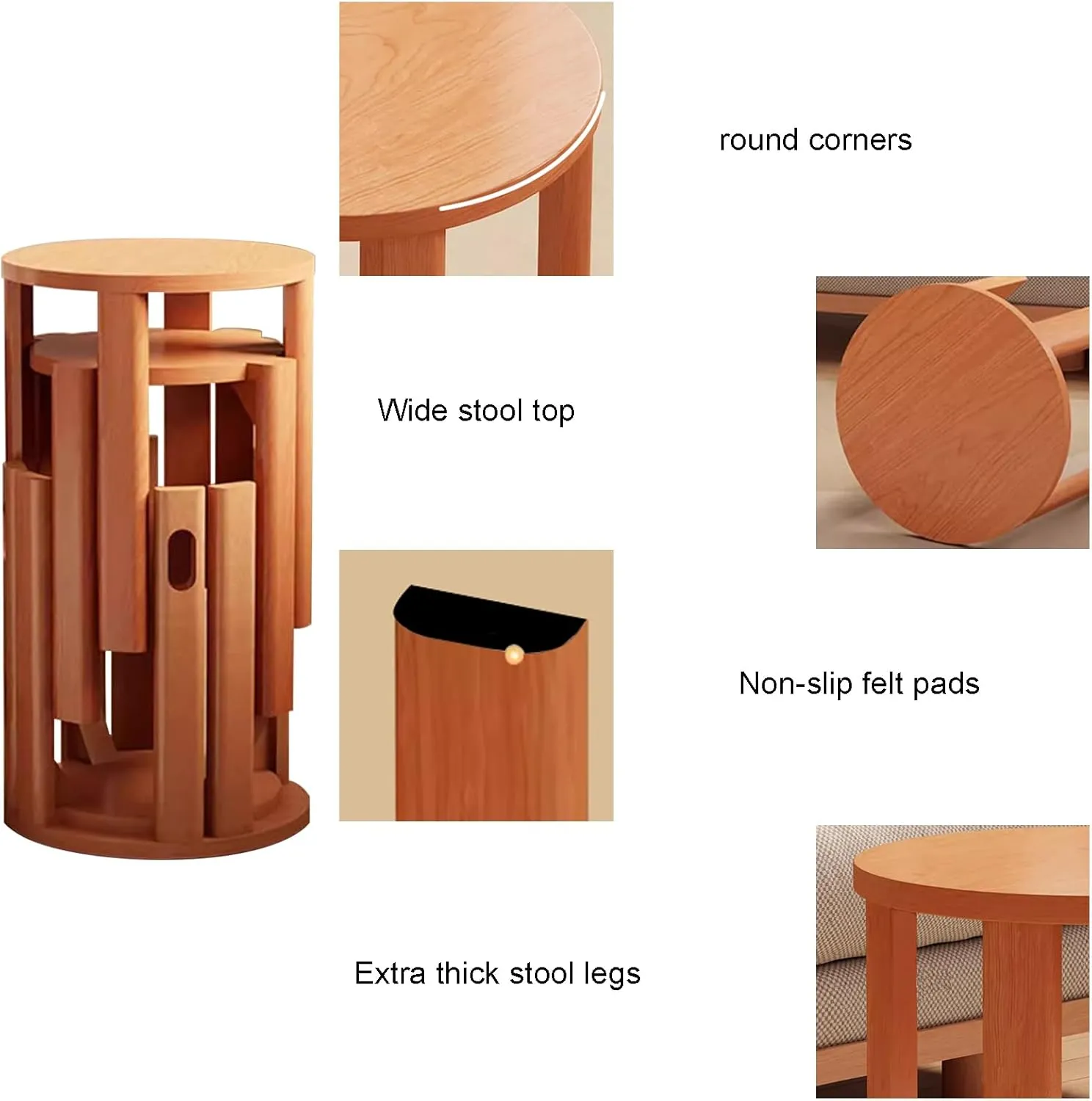 Wood Stackable Stools, Bar Stools Set of 4 with Anti-slip Pads, Nesting Side Table Coffee Table with Lift Holes for Kitchen Bedroom Home, No Assembly, Hold 220lbs (Cherry Wood Color, 14.2x14.2x18.5in)