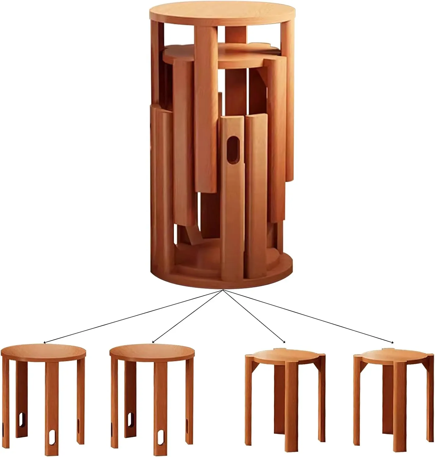 Wood Stackable Stools, Bar Stools Set of 4 with Anti-slip Pads, Nesting Side Table Coffee Table with Lift Holes for Kitchen Bedroom Home, No Assembly, Hold 220lbs (Cherry Wood Color, 14.2x14.2x18.5in)