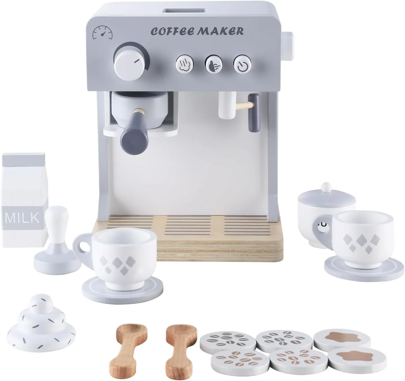 Wooden Coffee Maker Toy Set for Kids – Pretend Play Espresso Machine with Accessories – Montessori Kitchen Role Play Toy for Toddlers and Preschoolers Ages 3 