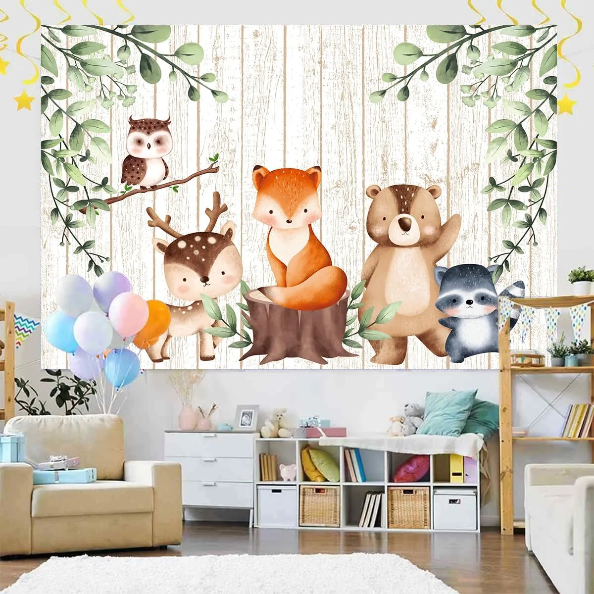 Woodland Baby Shower Backdrop, 20 x 10 ft Wild Jungle Animal Adventure Theme Background, Kids Birthday Baby Shoower Gender Reveal Photography Party Supplies Decor