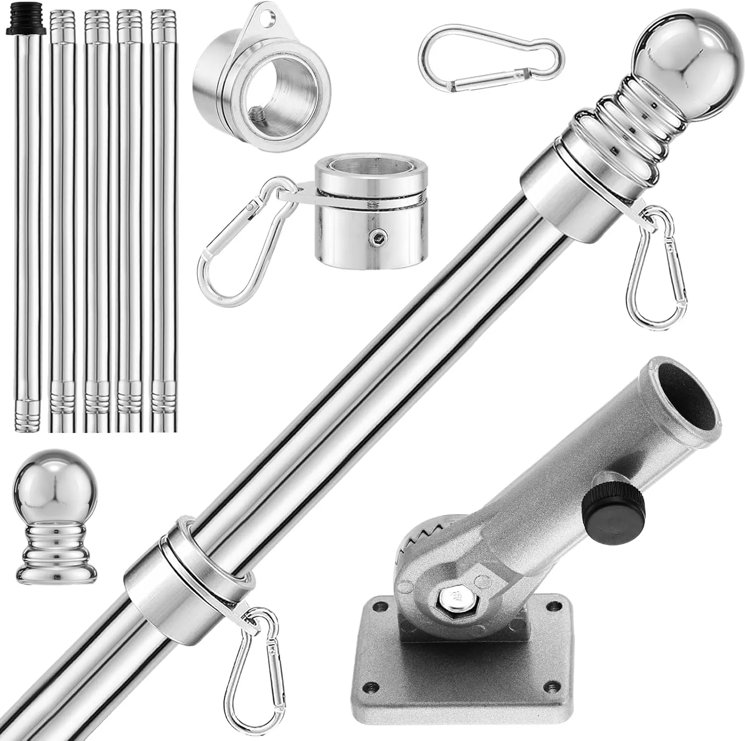 WSICSE 6 FT Flag Pole Holder for Outside House, Aluminum Alloy 180° Adjustable Bracket & Anti-Tangle Rings, Stainless Steel Flagpole Kits for Residential Outdoor Porch (Without Flag, Silver)