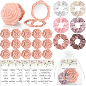 XunYee 30 Sets Bridal Shower Favors for Guests 30 Rose Compact Mirror Bulk 30 Hair Ties Satin Elastic Scrunchies 30 Thank You Card and organza bags Souvenir Gift for Wedding Party Favors(Pink)