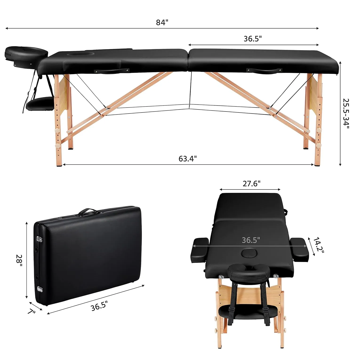 Yaheetech Massage Table Portable Lash Beds Spa Bed Massage Couch Foldable Spa Tables Adjustable 2 Fold with Non-Woven Bag 28 inch, Black