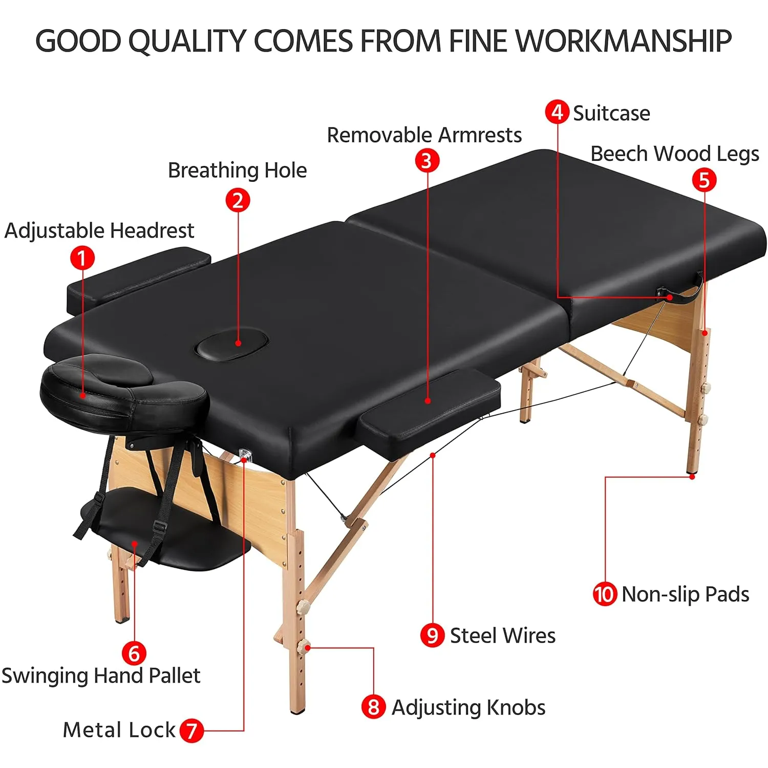 Yaheetech Massage Table Portable Lash Beds Spa Bed Massage Couch Foldable Spa Tables Adjustable 2 Fold with Non-Woven Bag 28 inch, Black