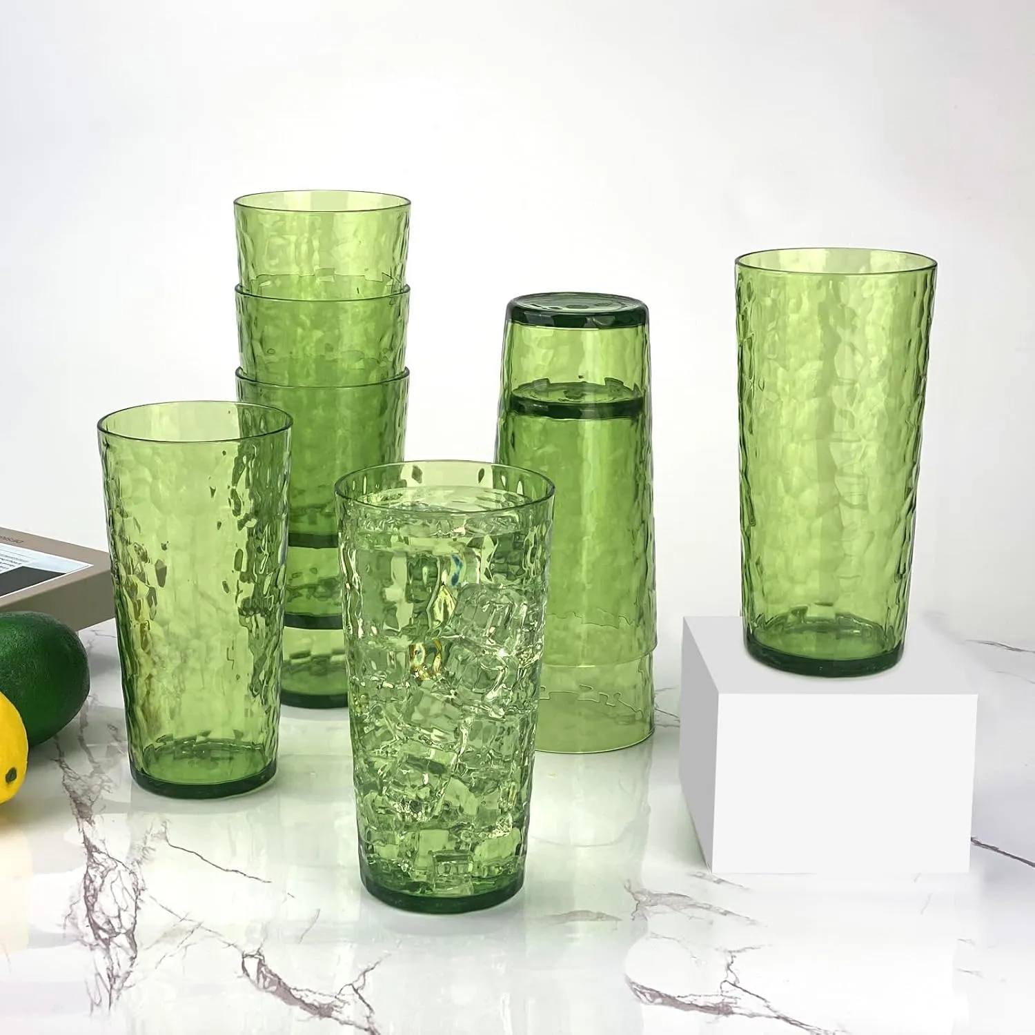 Yalin 24-Ounce Plastic Tumbler Acrylic Drinking Glasses, Reusable Plastic Cups, Stackable, BPA-Free, Shatter Proof, Dishwasher Safe, Set of 8 (Green)