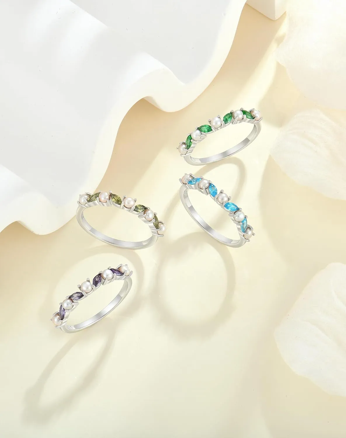 YL Freshwater Pearl Eternity Ring for Women, Solid Sterling Silver 18K White Gold Plated Birthstone Stacking Jewelry
