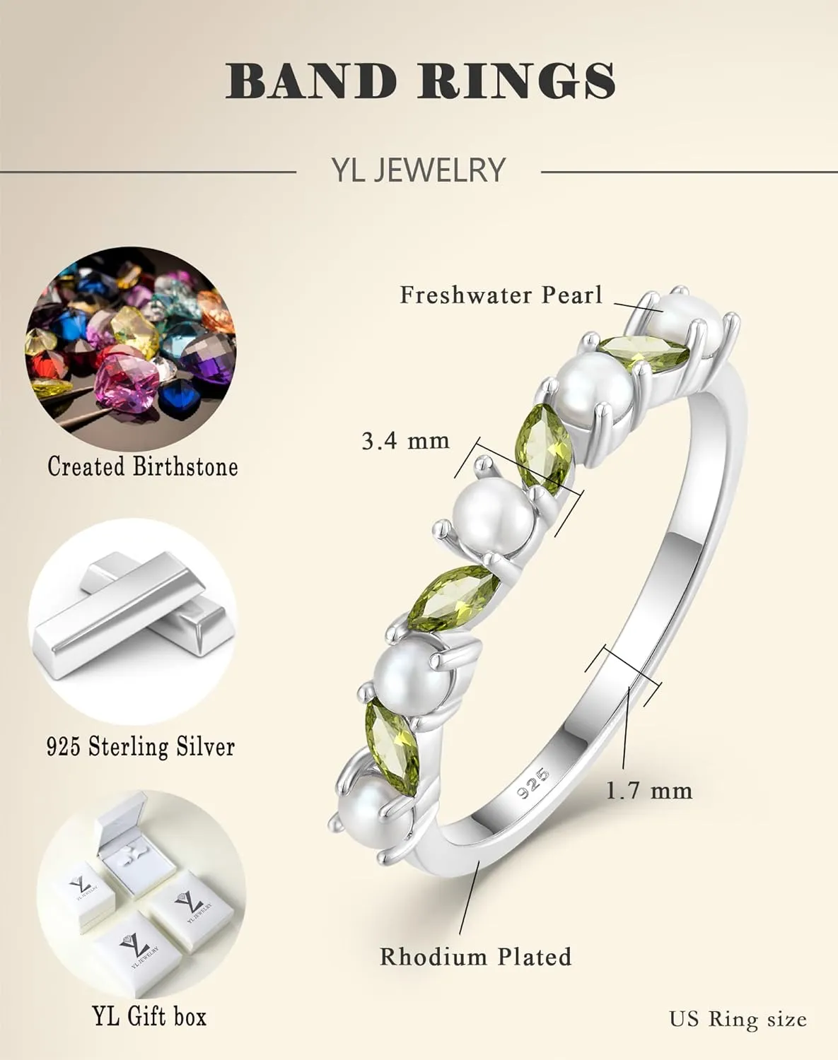 YL Freshwater Pearl Eternity Ring for Women, Solid Sterling Silver 18K White Gold Plated Birthstone Stacking Jewelry