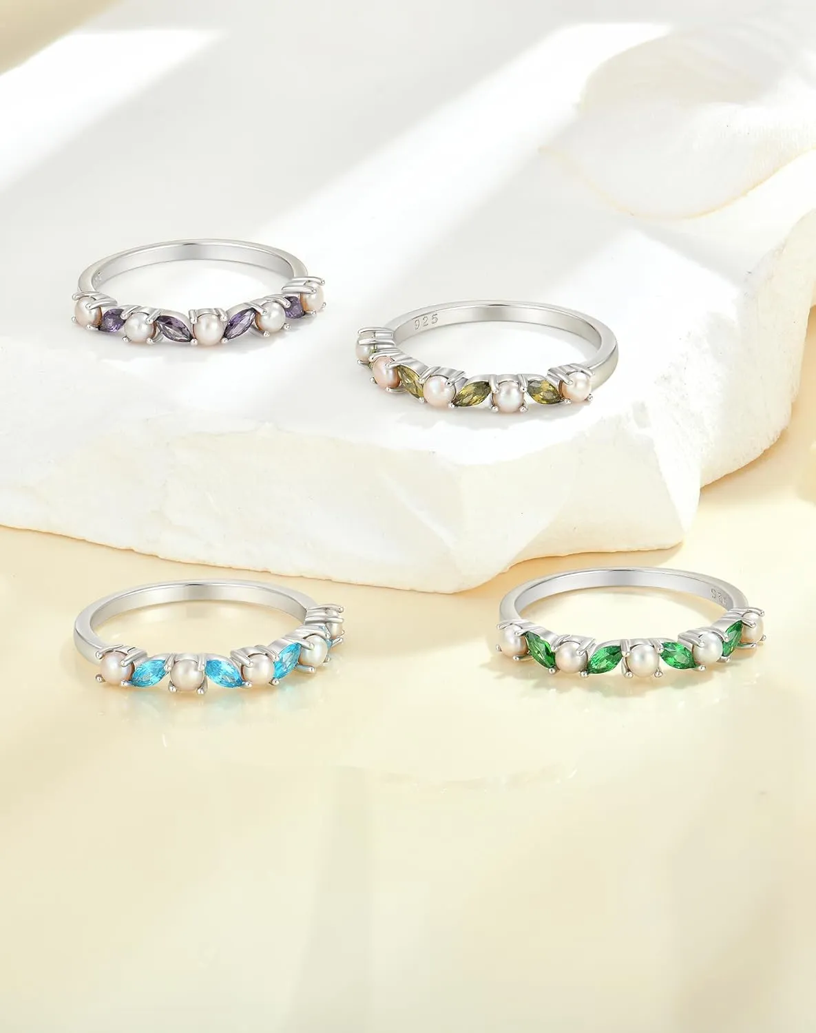 YL Freshwater Pearl Eternity Ring for Women, Solid Sterling Silver 18K White Gold Plated Birthstone Stacking Jewelry