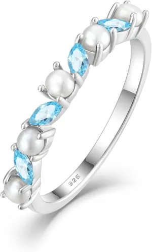 YL Freshwater Pearl Eternity Ring for Women, Solid Sterling Silver 18K White Gold Plated Birthstone Stacking Jewelry