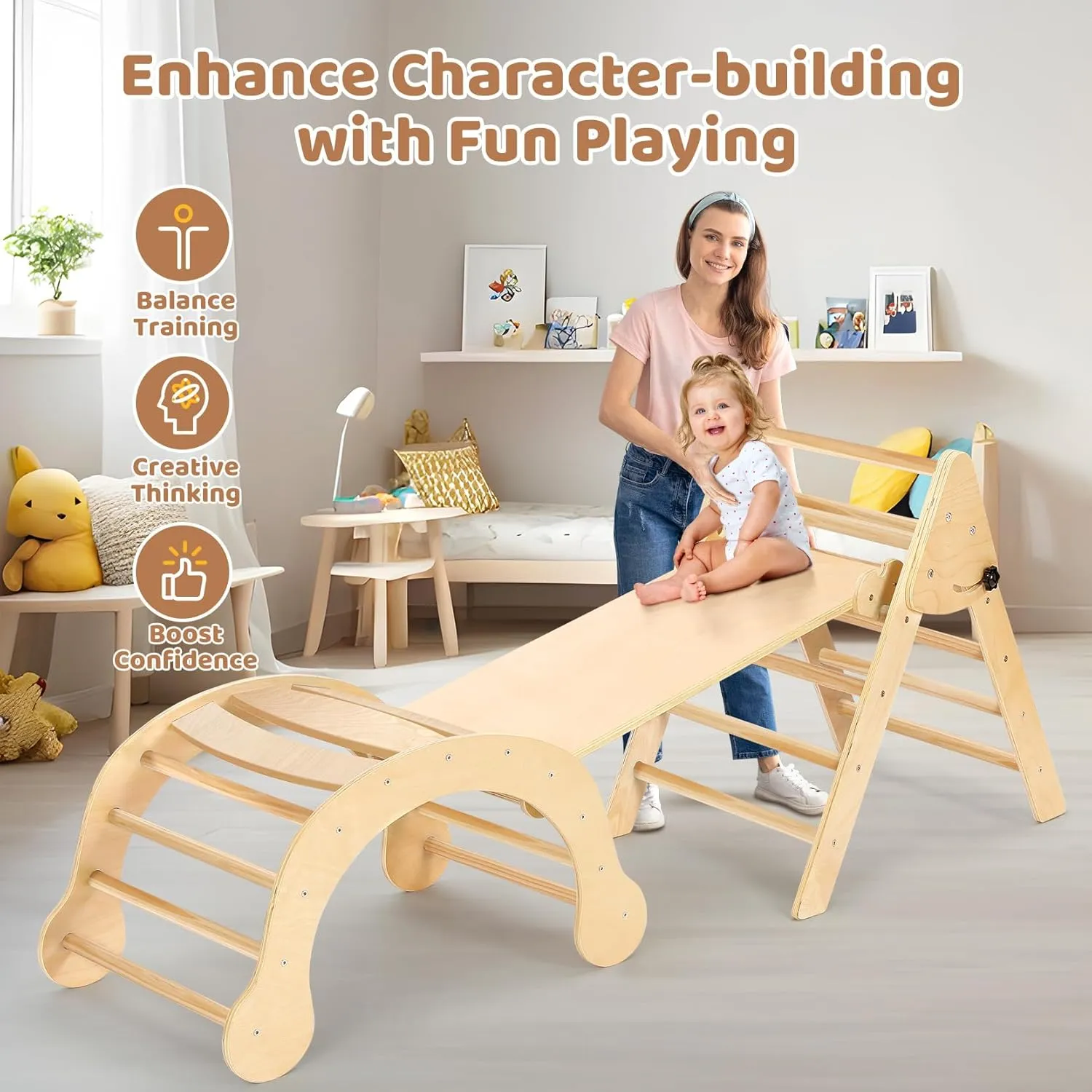 YOLEO 7-in-1 Pikler Triangle Set, Montessori Toddler Climbing Toys Indoor, Easy-Fold Pikler Climbing Set for Early Education, Fun Baby Climbing Gym and Jungle Gyms Indoor Playground for Kids 1-3