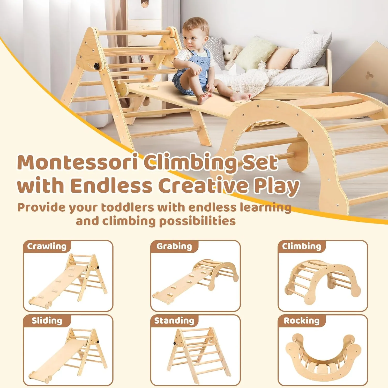 YOLEO 7-in-1 Pikler Triangle Set, Montessori Toddler Climbing Toys Indoor, Easy-Fold Pikler Climbing Set for Early Education, Fun Baby Climbing Gym and Jungle Gyms Indoor Playground for Kids 1-3