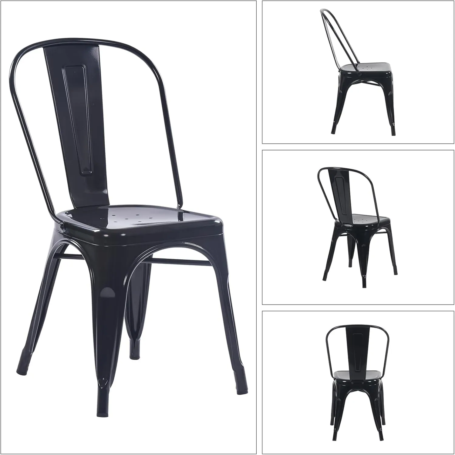 YOUNIKE Metal Dining Chairs Set of 4 Indoor Outdoor Patio Chairs Kitchen Chairs Metal Stackable Chair Tolix Side Bar Chairs 340LBS Weight Capacity Obsidian Black