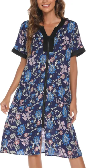 YOZLY House Dresses for Women Zipper Front Housecoat Lightweight Duster Robe with Pockets