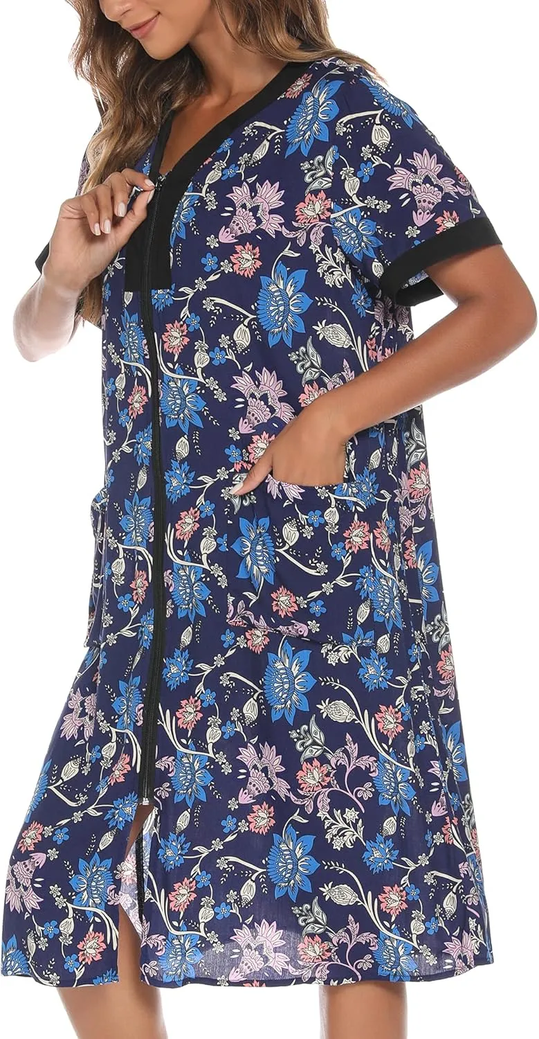 YOZLY House Dresses for Women Zipper Front Housecoat Lightweight Duster Robe with Pockets