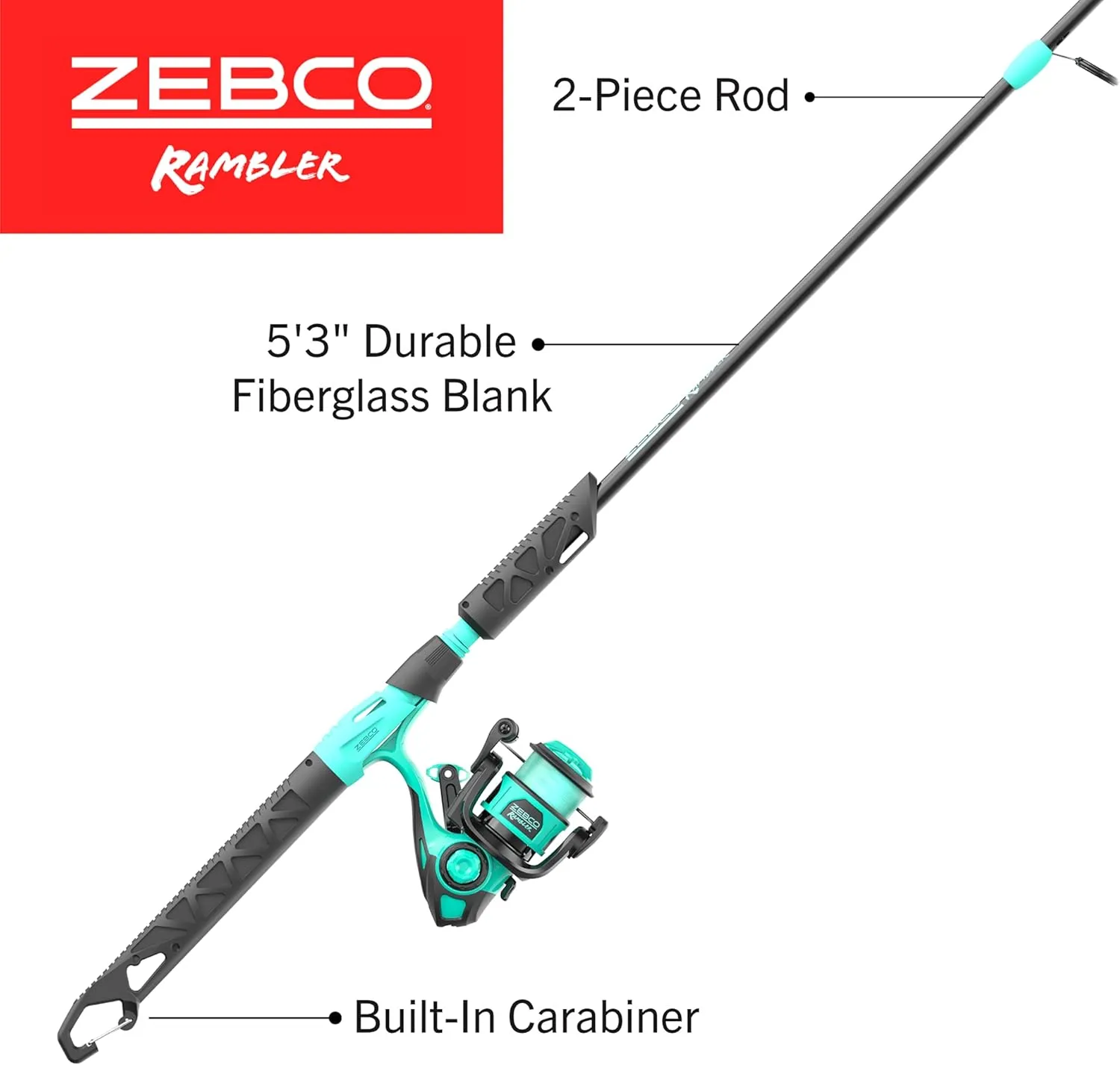 Zebco Rambler Fishing Reel and Rod Combo, Durable Fiberglass Rod with Built-in Carabiner, Patented No-Tangle Reel, Pre-Spooled with 8-Pound Zebco Fishing Line