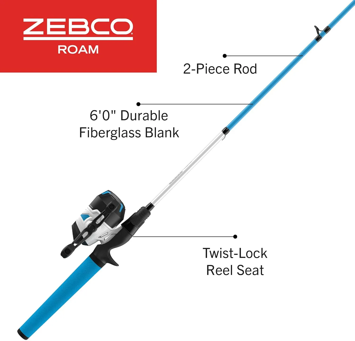 Zebco Roam Spincast Reel and Fishing Rod Combo, 6-Foot 2-Piece Fiberglass Fishing Pole with ComfortGrip Handle