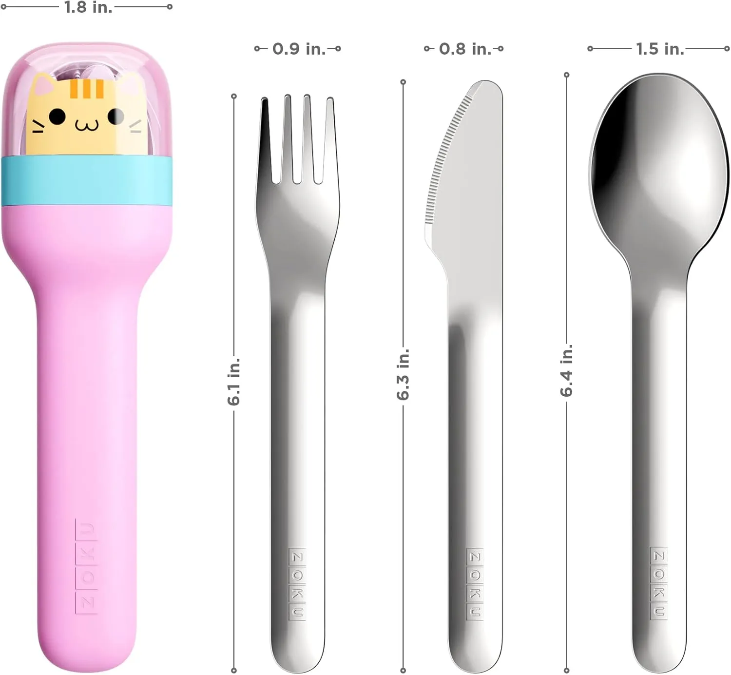 ZOKU Kids Pocket Utensil Set, Kitty - Stainless Steel Fork, Knife, and Spoon in Case - Portable Design for Travel, School, Picnics, Camping and Outdoor Home Use
