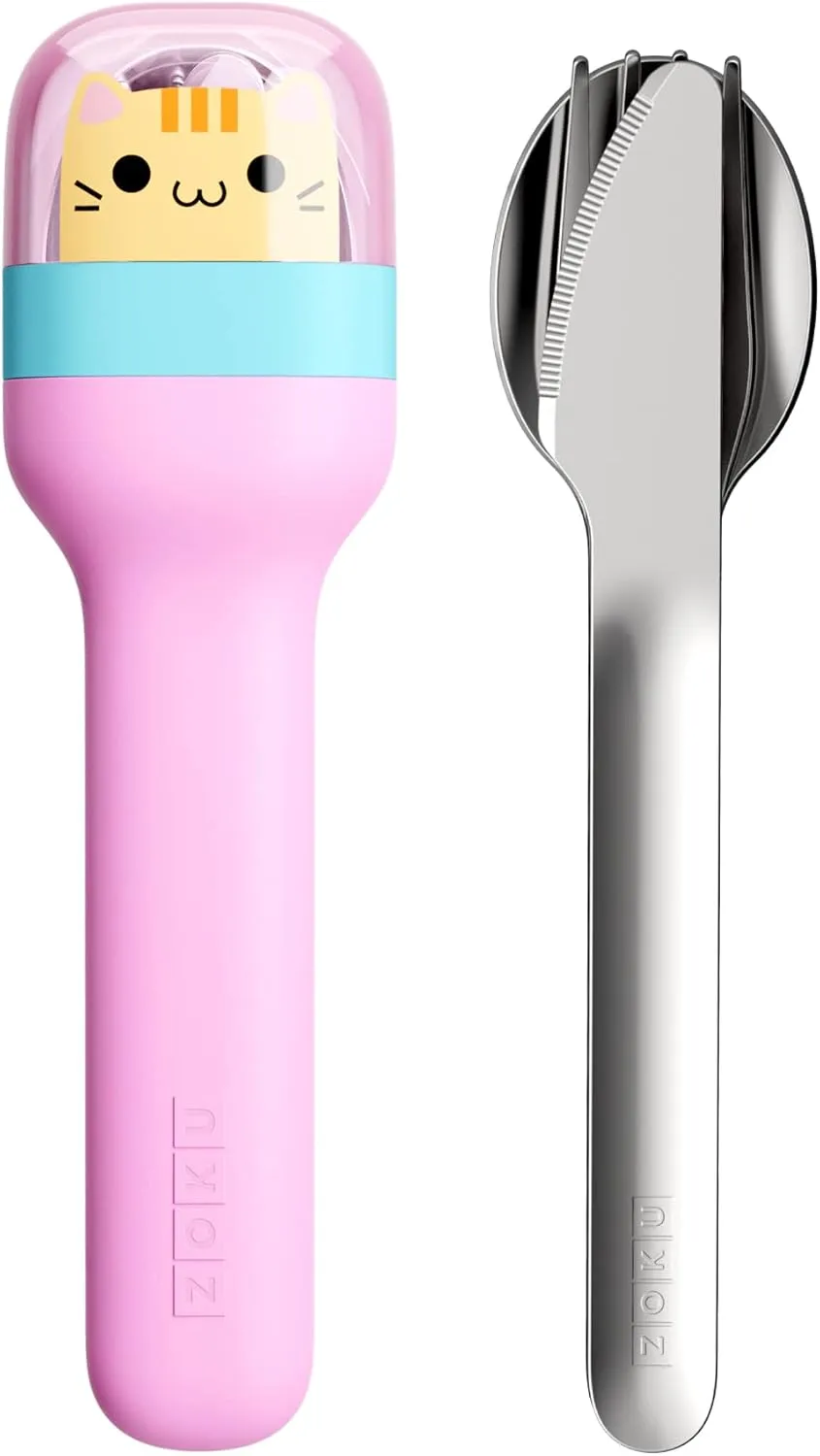 ZOKU Kids Pocket Utensil Set, Kitty - Stainless Steel Fork, Knife, and Spoon in Case - Portable Design for Travel, School, Picnics, Camping and Outdoor Home Use