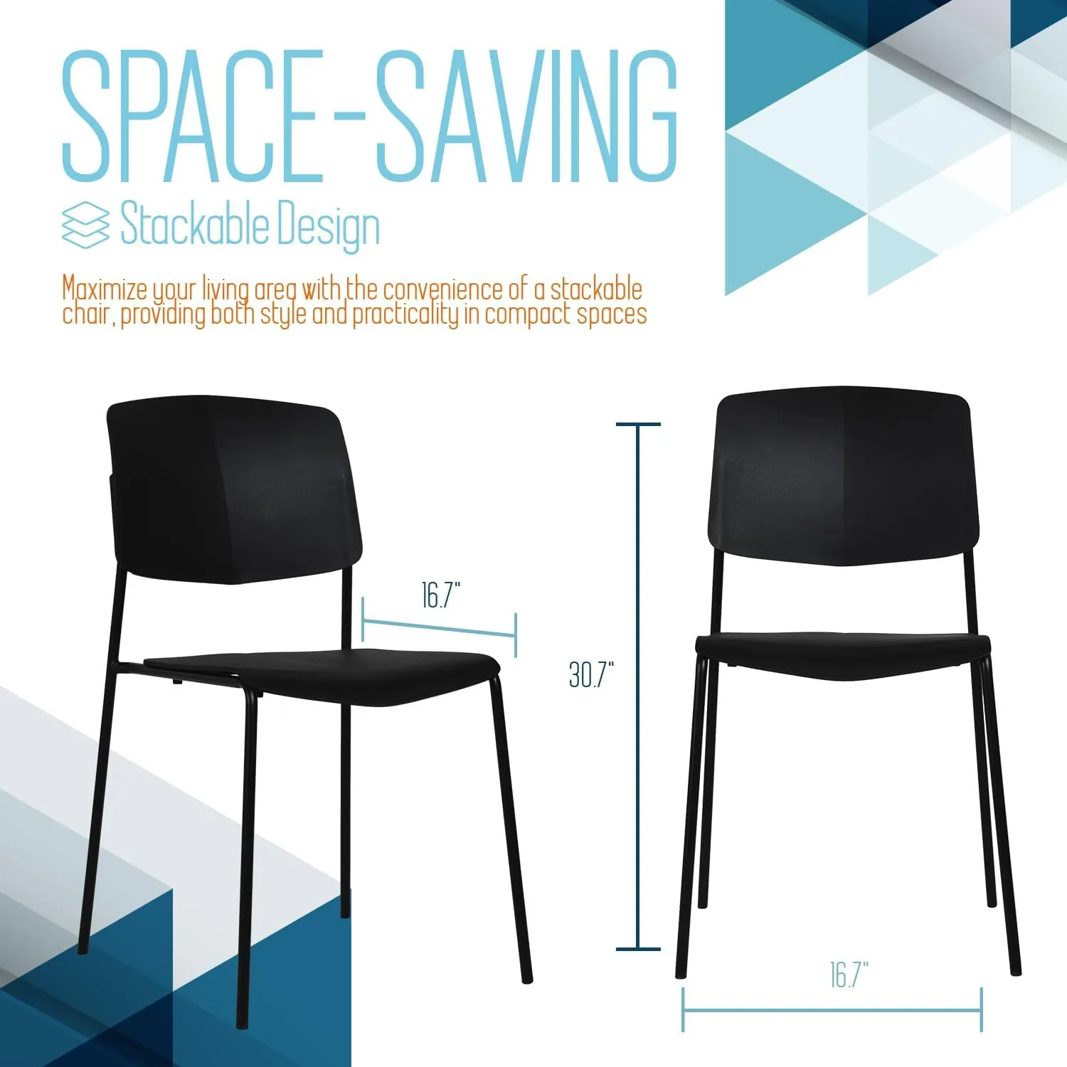 Zuho II Modern Stackable Chair, Black, Set of 2 – Armless Plastic Stacking Chairs for Outdoor, Indoor, Dining, Patio, Kitchen, Café – Weather Resistant, Easy Assembly, Space Saver