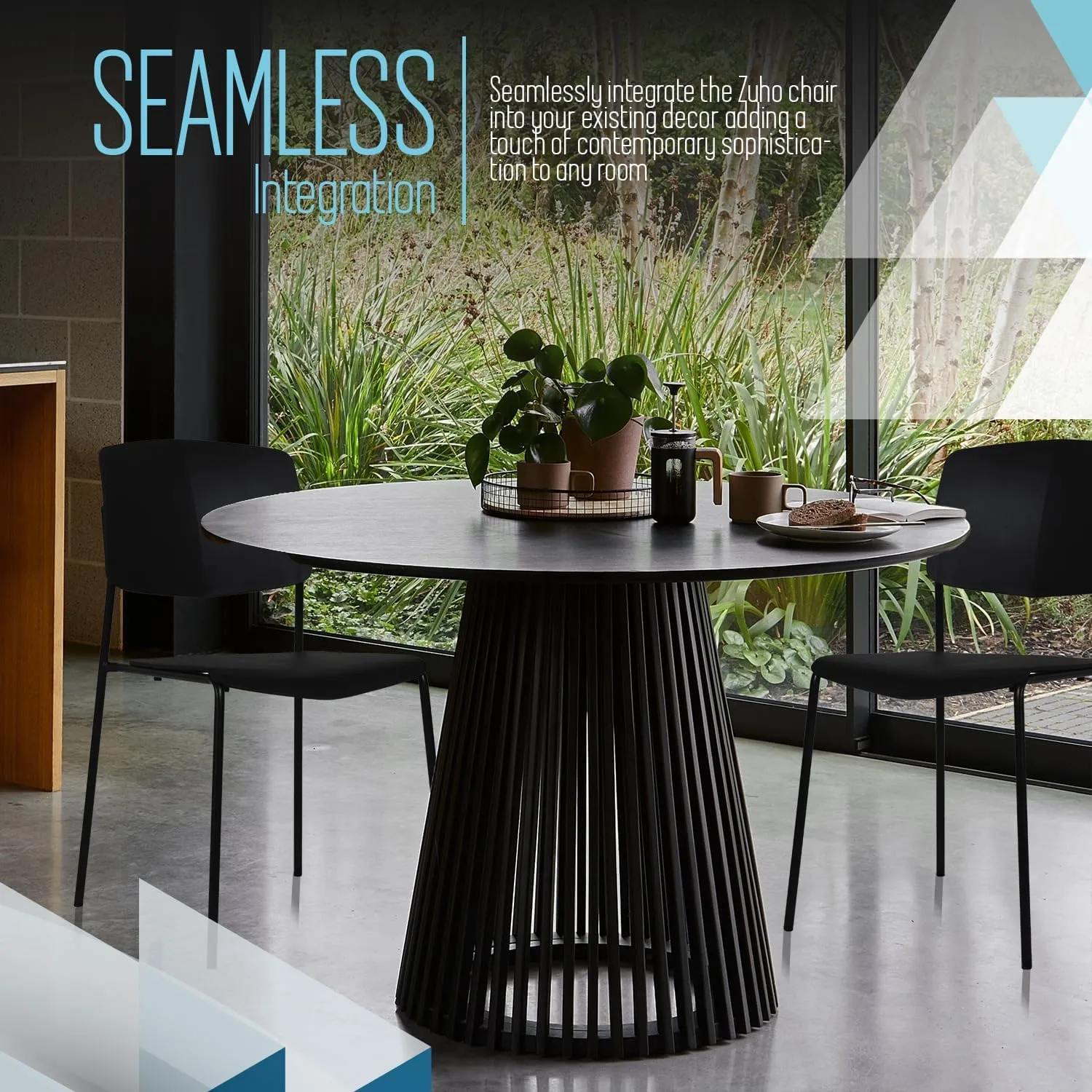 Zuho II Modern Stackable Chair, Black, Set of 2 – Armless Plastic Stacking Chairs for Outdoor, Indoor, Dining, Patio, Kitchen, Café – Weather Resistant, Easy Assembly, Space Saver