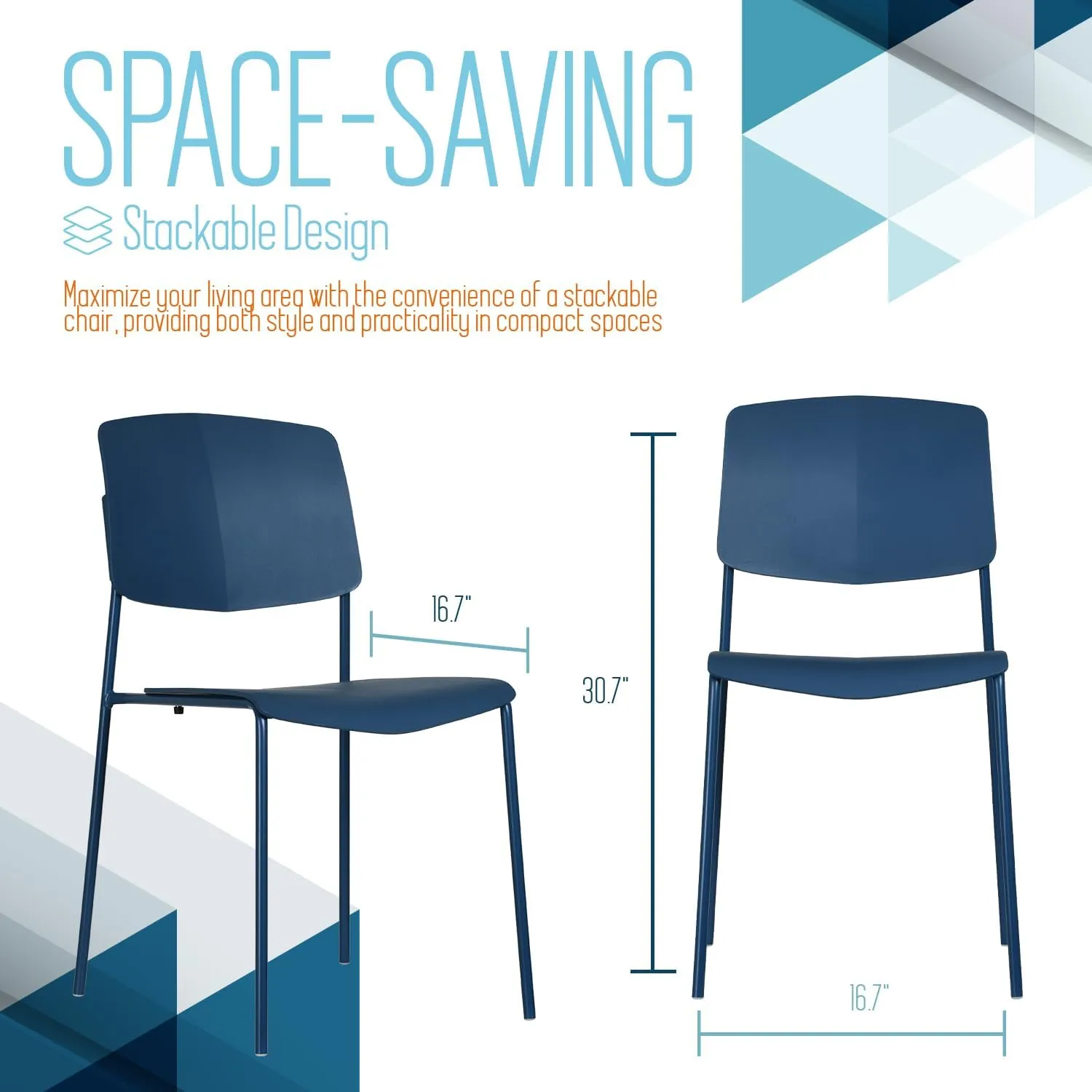 Zuho II Modern Stackable Chair, Ocean Blue, Set of 2 – Armless Plastic Stacking Chairs for Outdoor Indoor Dining, Patio, Kitchen, Café – Weather Resistant, Easy Assembly, Space Saver